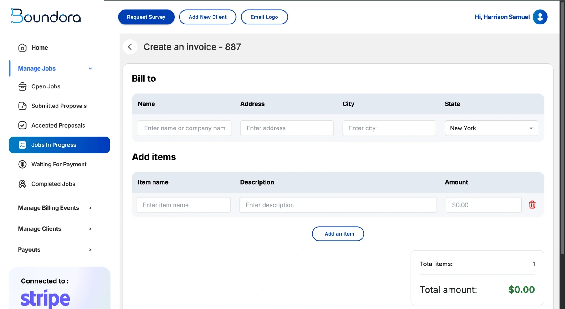 SurveySource invoice creation screen for a surveying job with bill-to details, invoice items and total amount