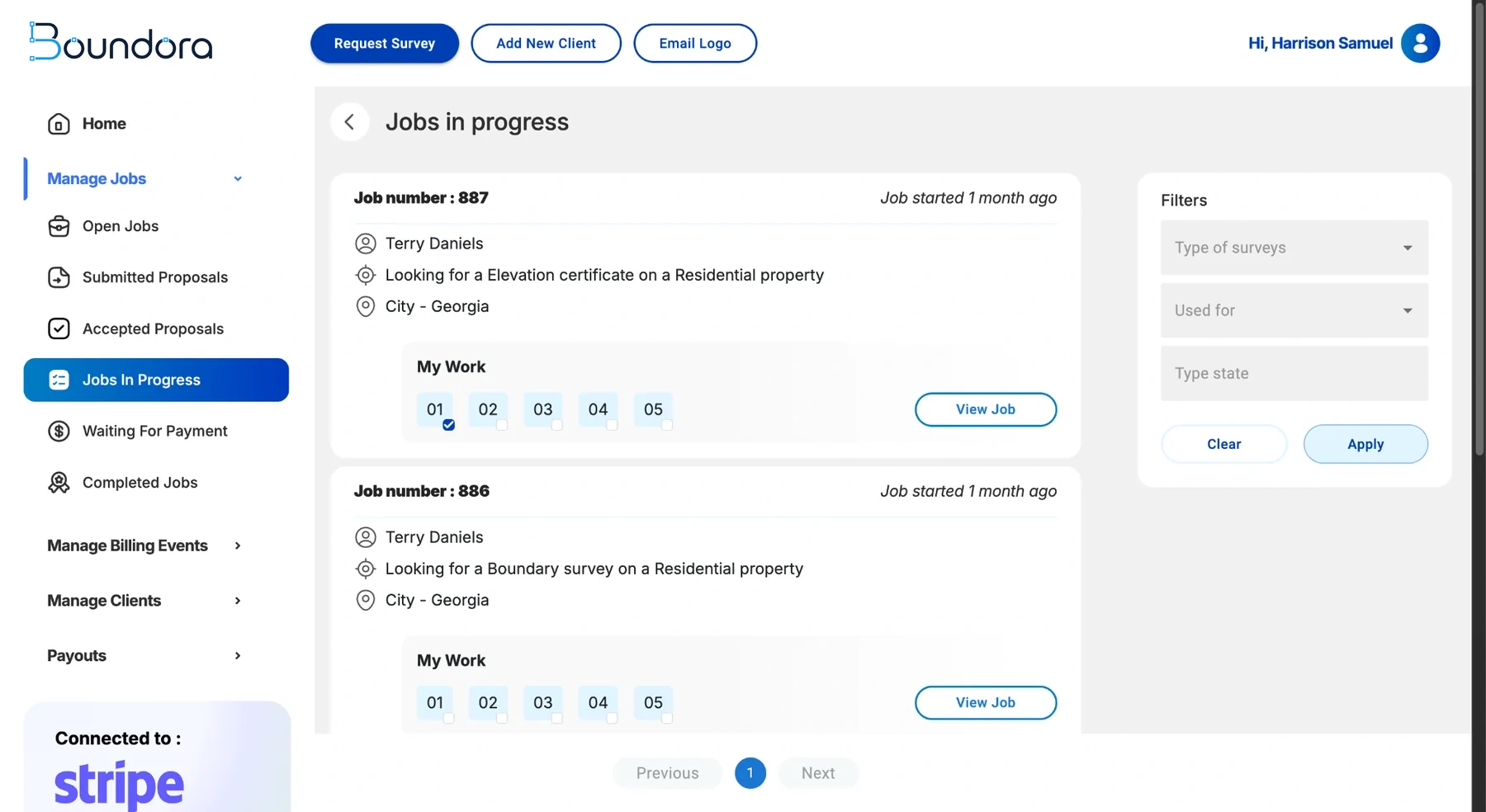 SurveySource jobs in progress screen showing active land surveying jobs and workflow stages