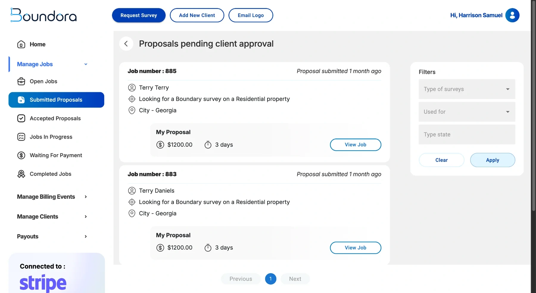 SurveySource proposals pending client approval list showing job, survey type, location, price and turnaround