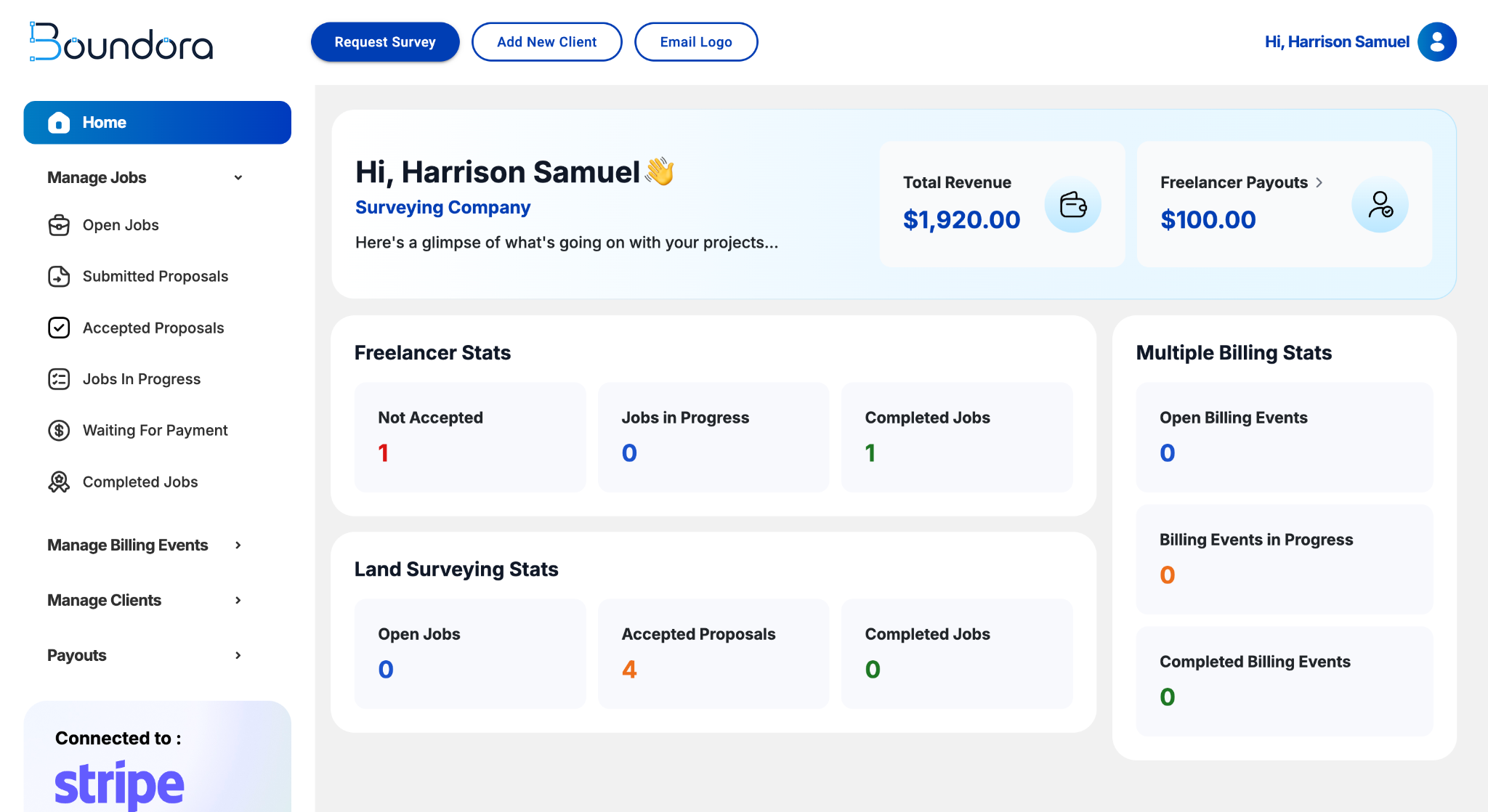 Surveying operations dashboard showing jobs, proposals, billing and project activity