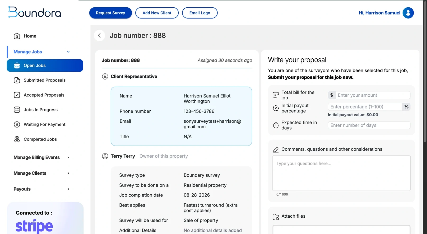SurveySource screen for writing a land surveying proposal with pricing, payout percentage and expected completion time